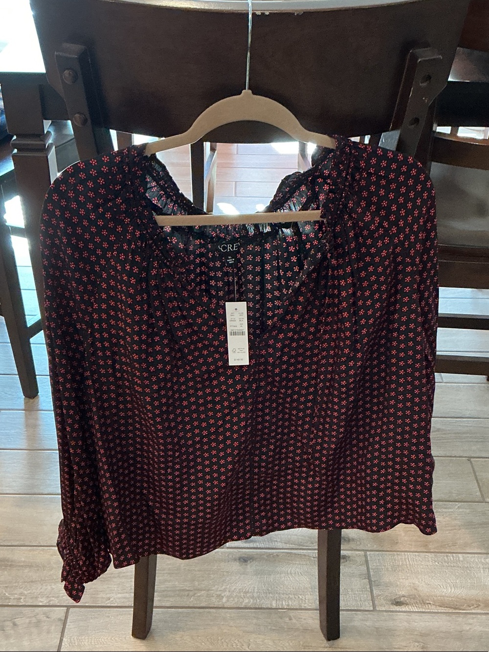 J. Crew Navy Blouse with Pink Micro Floral Print and Tie Neck